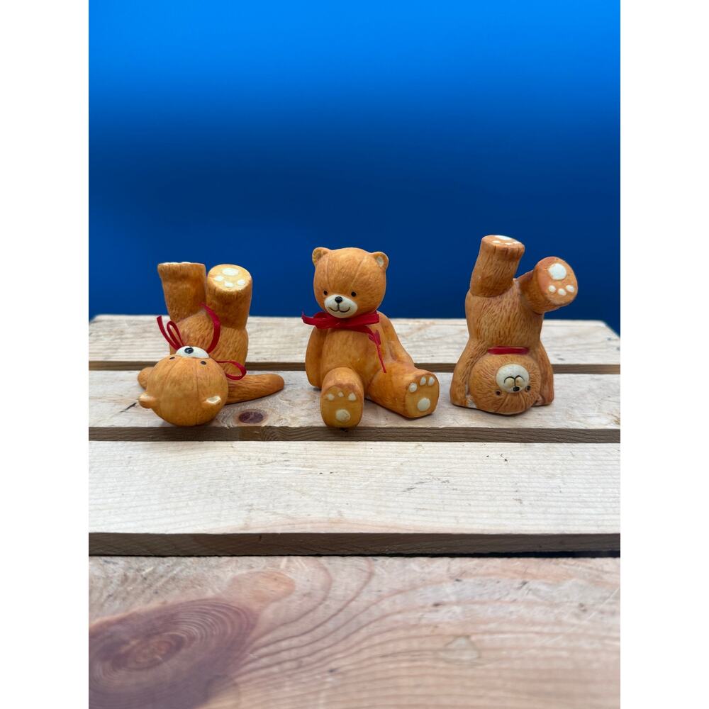 Vintage Ceramic Acrobat Teddy Bear Figurines-Set 3 Playful Bears w/Red Ribbons